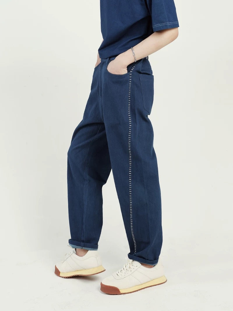 Indigo Dye Twill Sashiko Cropped Pants