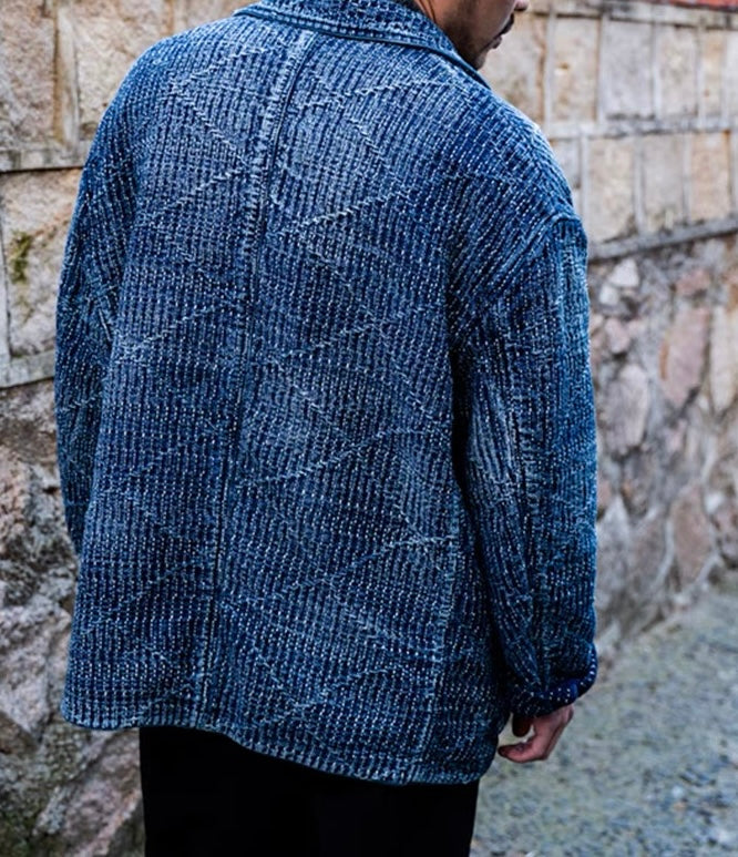 Indigo Dye Sashiko Blazer Casual Jacket - Mid Blue