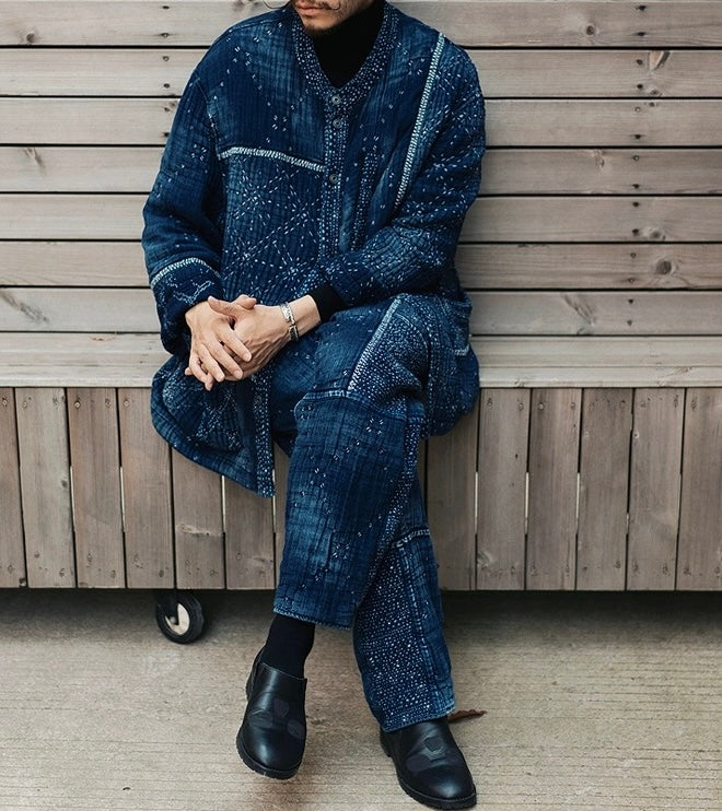 Indigo Dye Patchwork Sashiko Heavyweight Collarless Coat