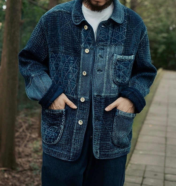 Indigo Dye Patchwork Sashiko Kendo Coat - Dark Blue