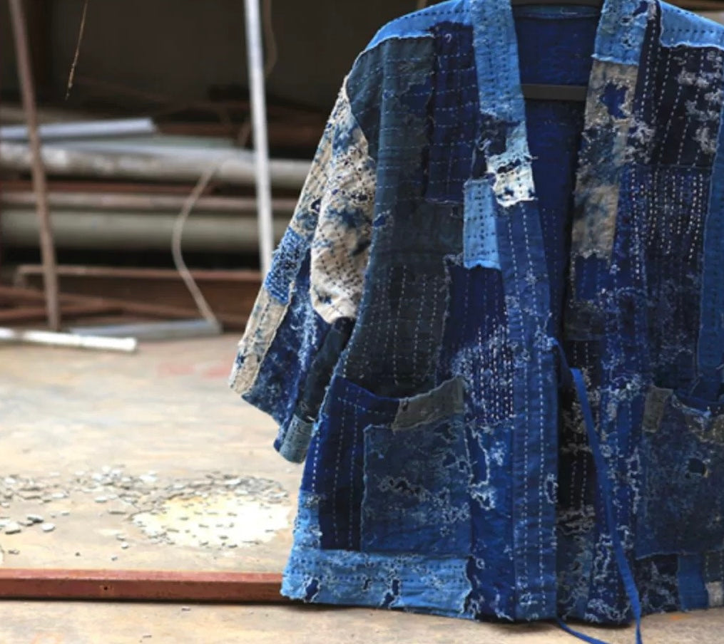 Handmade Indigo Dye Boro Sashiko Kimono Jacket