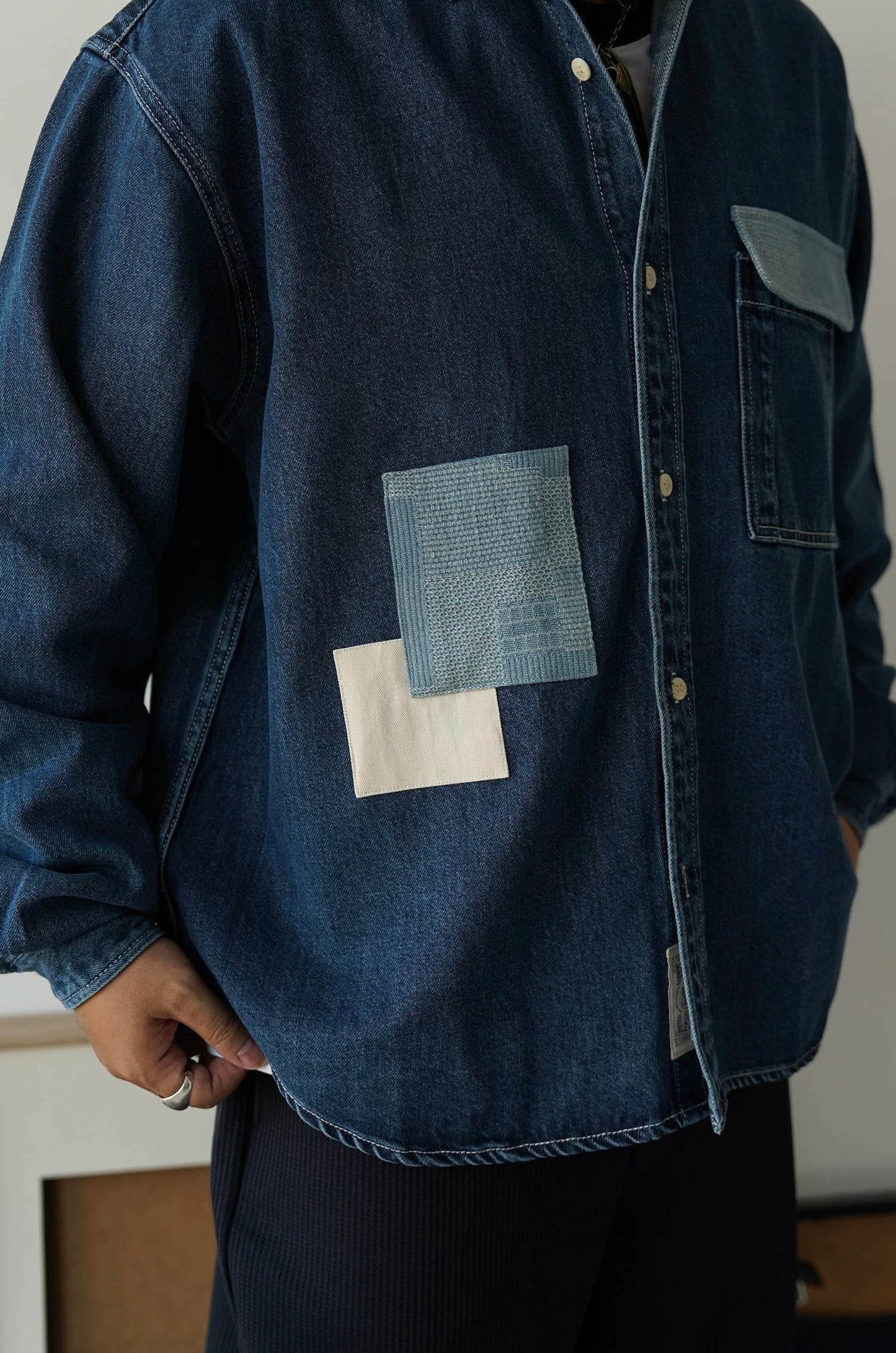 Dark Blue Patchwork Denim Shirt