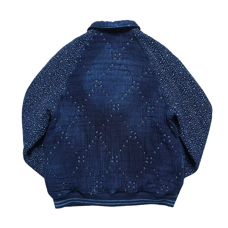 Indigo Dye Sashiko Baseball Varsity Jacket