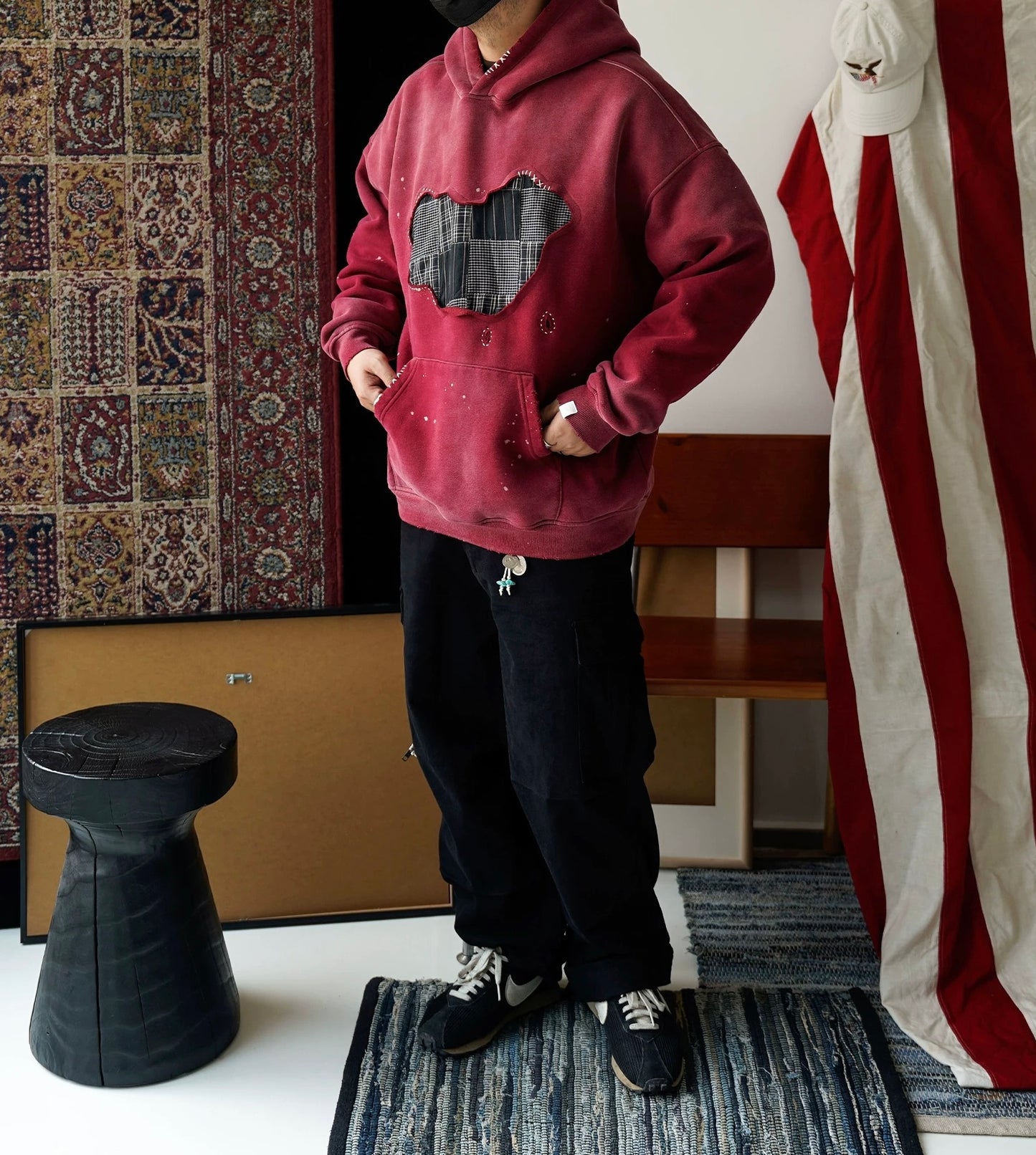 Red Sashiko Map Patchwork Hoodie