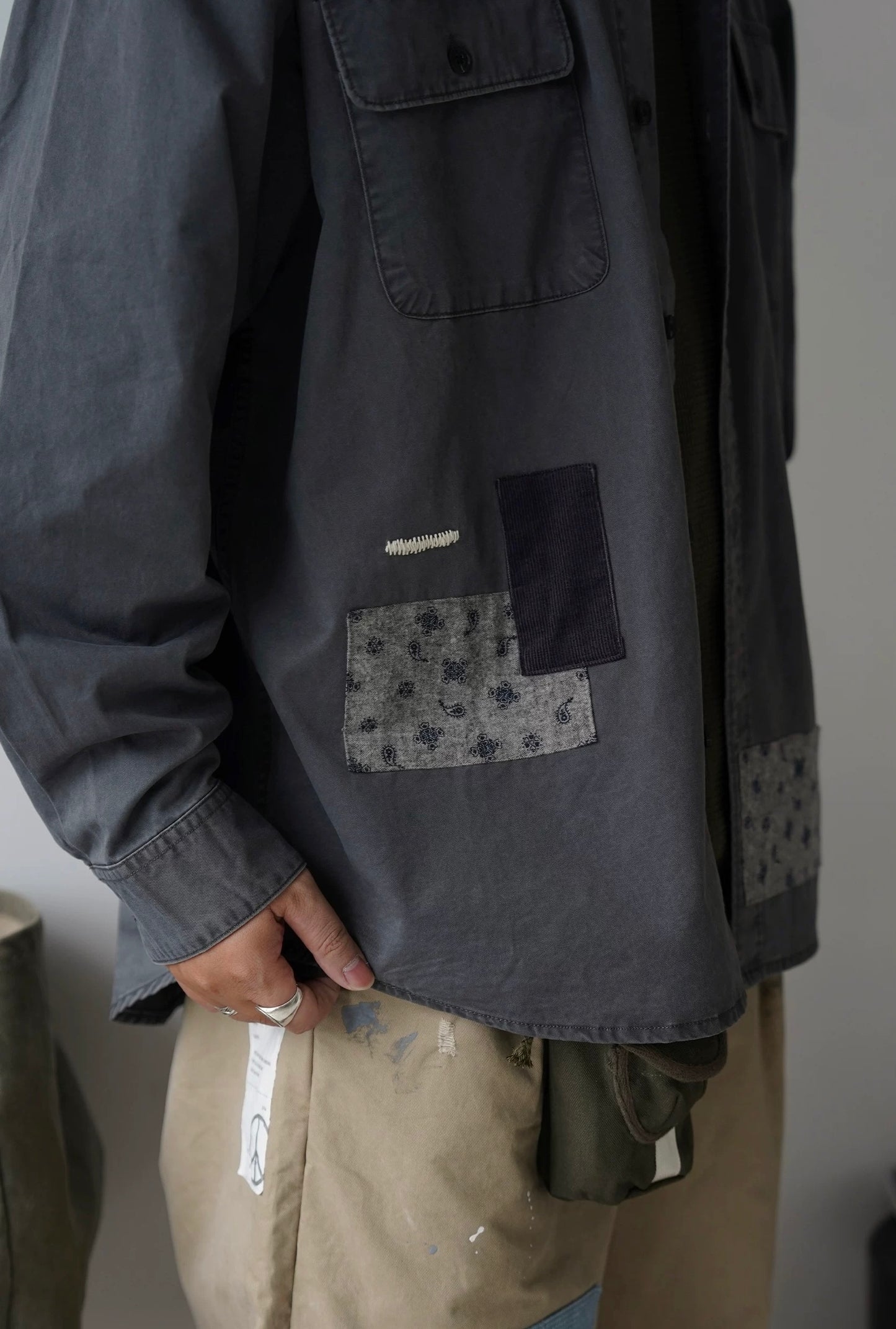 Washed Sashiko Patchwork Long Shirt