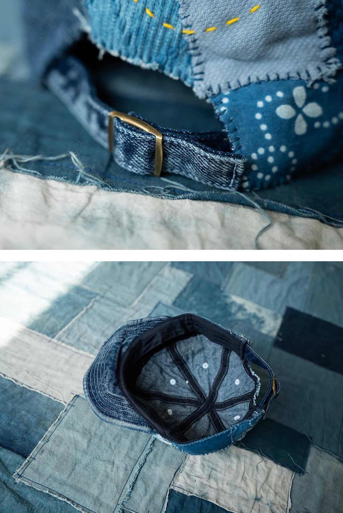 Indigo Dye Patchwork Short Brim Baseball Cap