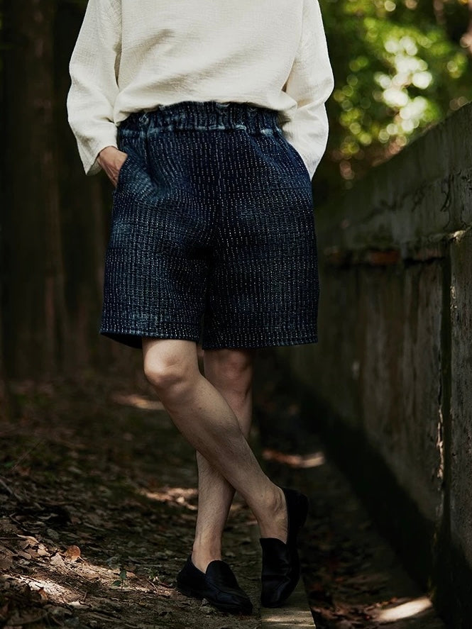 Indigo Dye Sashiko Elastic Waist Shorts