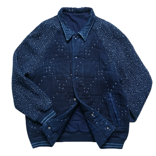 Indigo Dye Sashiko Baseball Varsity Jacket