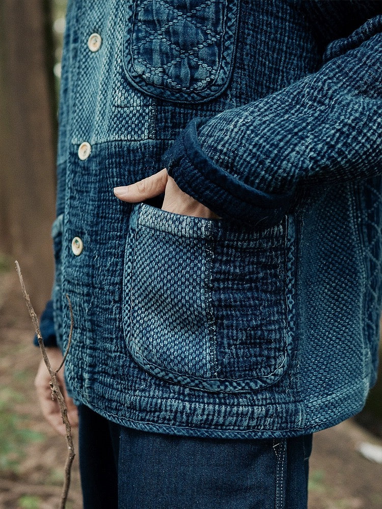 Indigo Dye Patchwork Sashiko Kendo Coat - Dark Blue