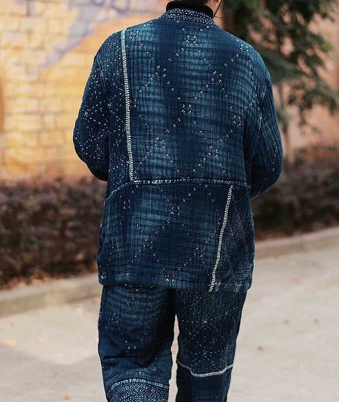 Indigo Dye Patchwork Sashiko Heavyweight Collarless Coat