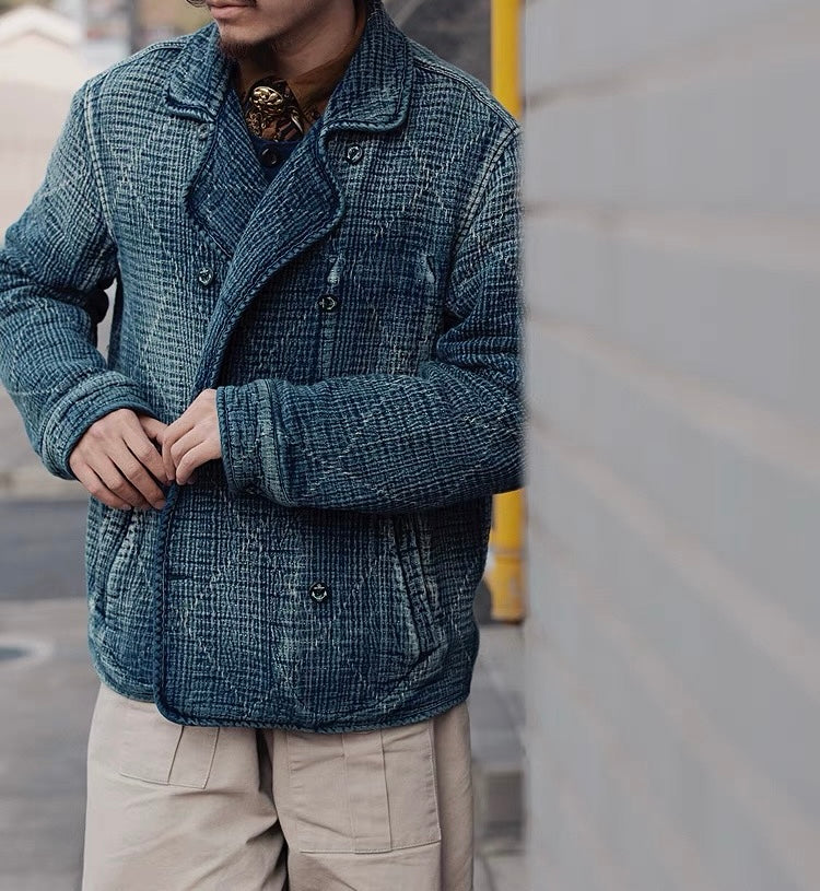 Indigo Dye Sashiko Double-Breasted Coat