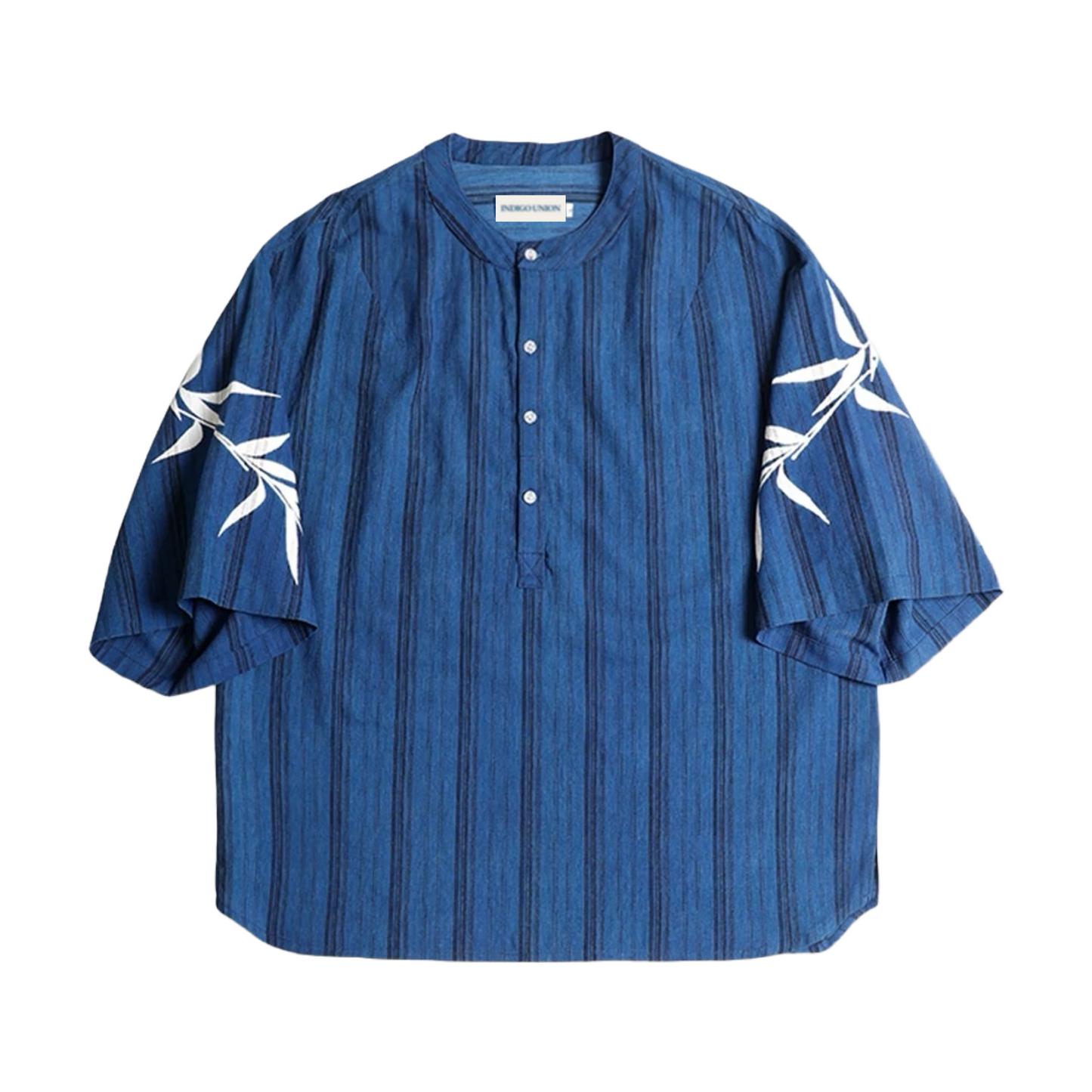 Indigo Discharge Dye Collarless Shirt