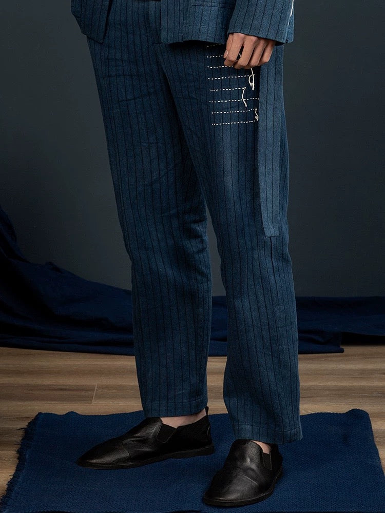 Indigo Dye Sashiko Striped Pants