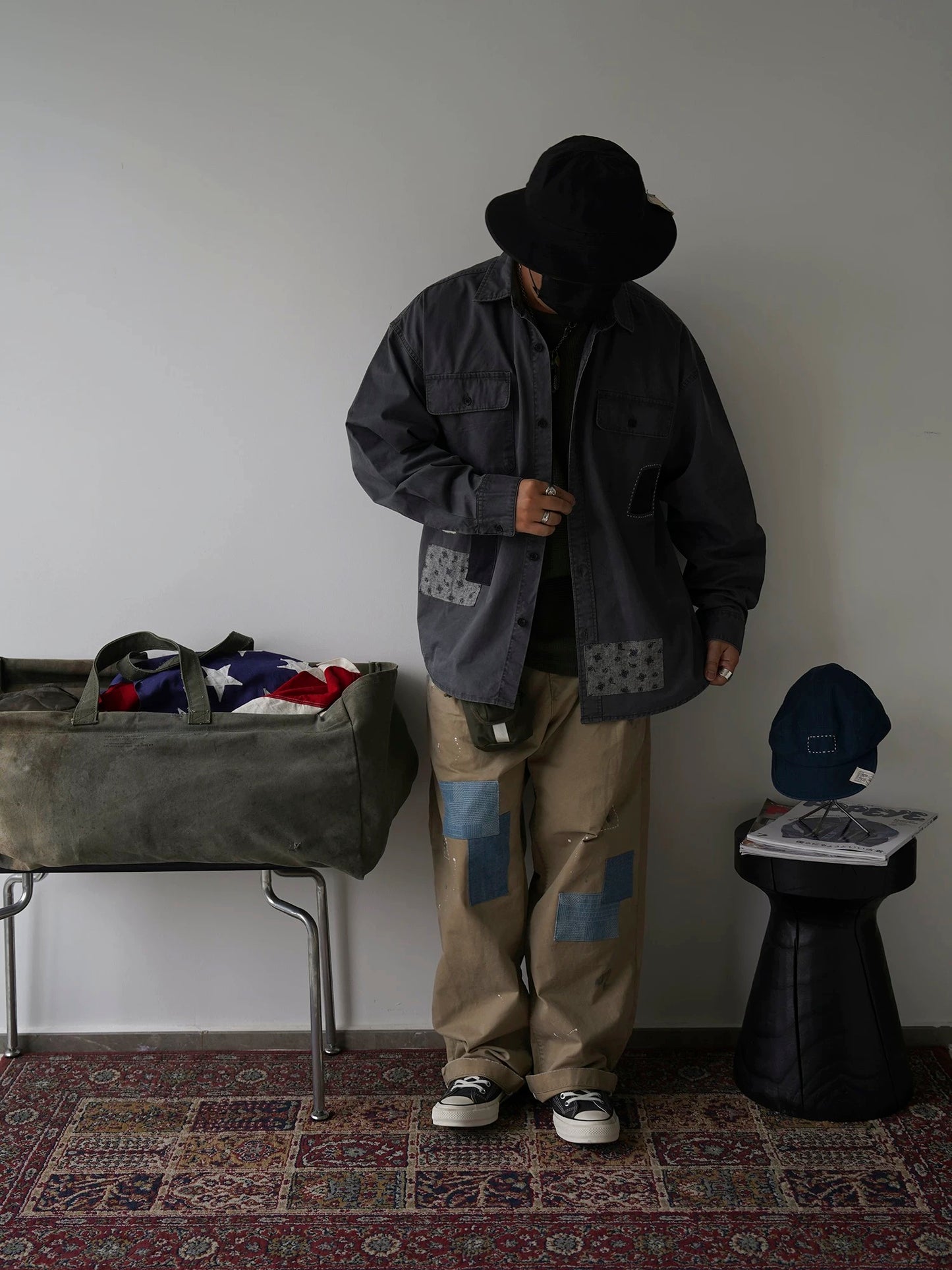 Washed Sashiko Patchwork Long Shirt