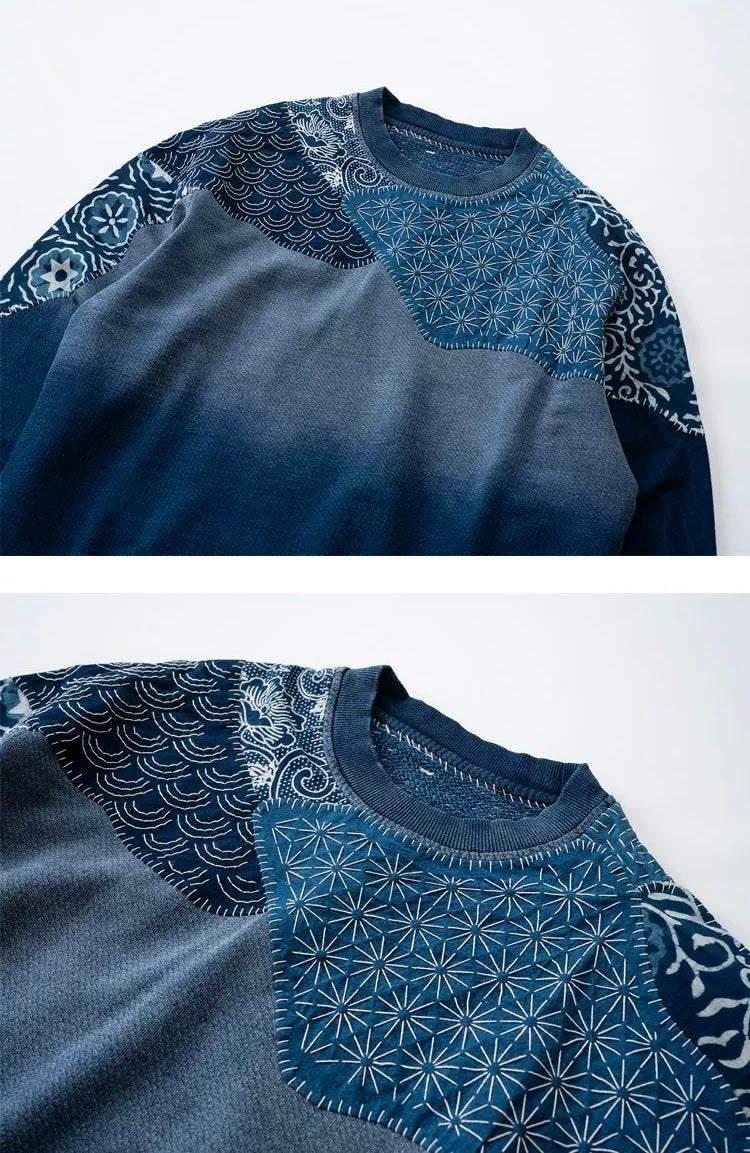 Indigo Dye Patchwork Sashiko Sweatshirt