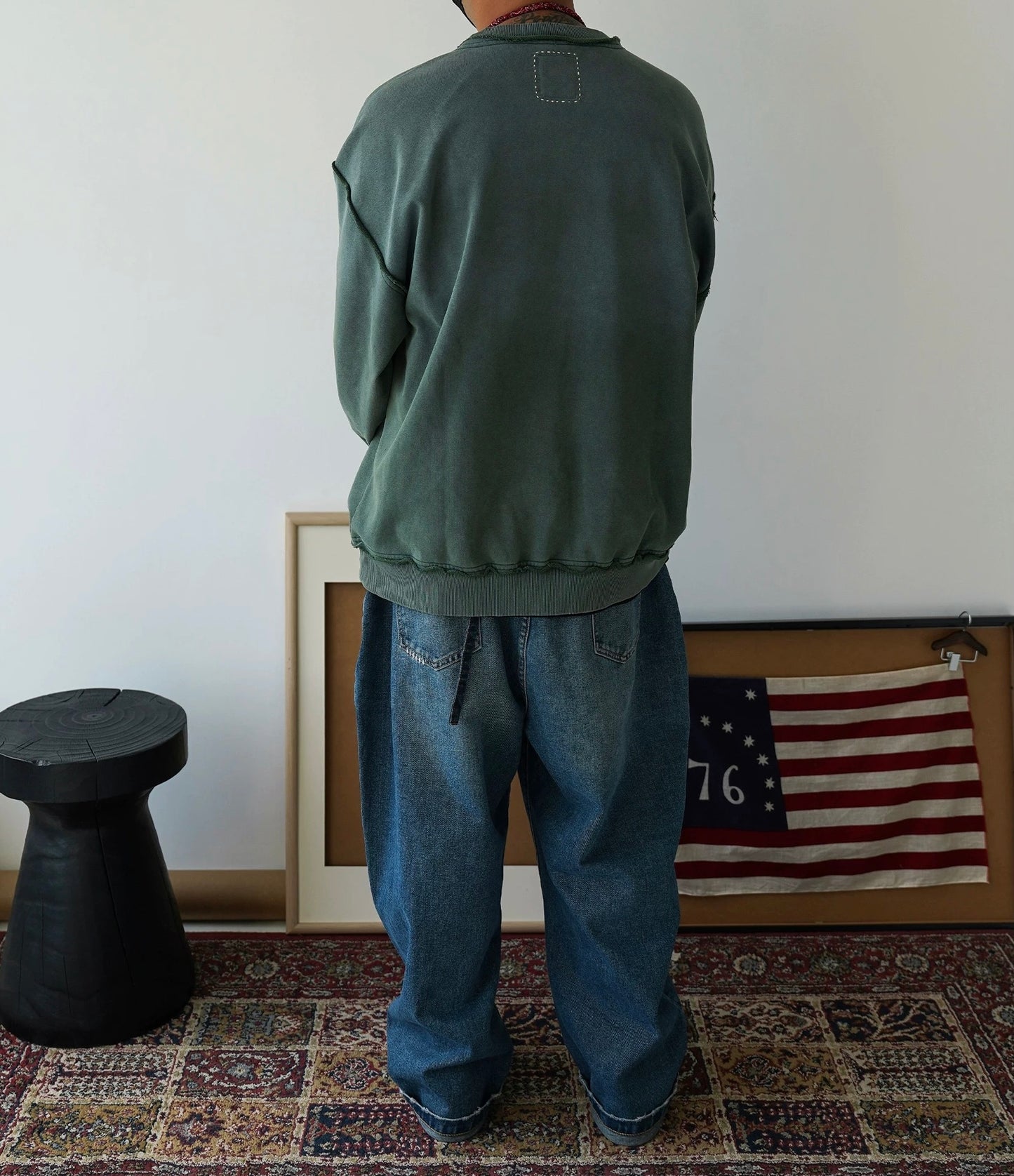 Washed Green Sashiko Distressed Sweatshirt