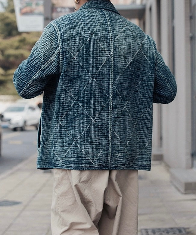 Indigo Dye Sashiko Double-Breasted Coat