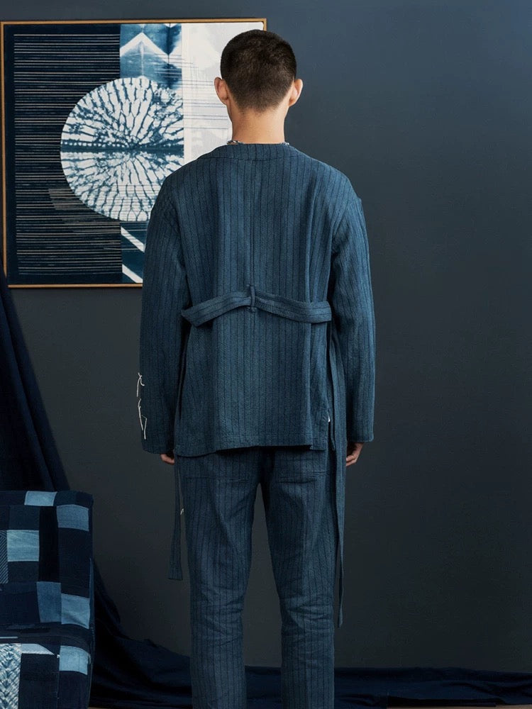 Indigo Dye Striped Sashiko Haori Jacket