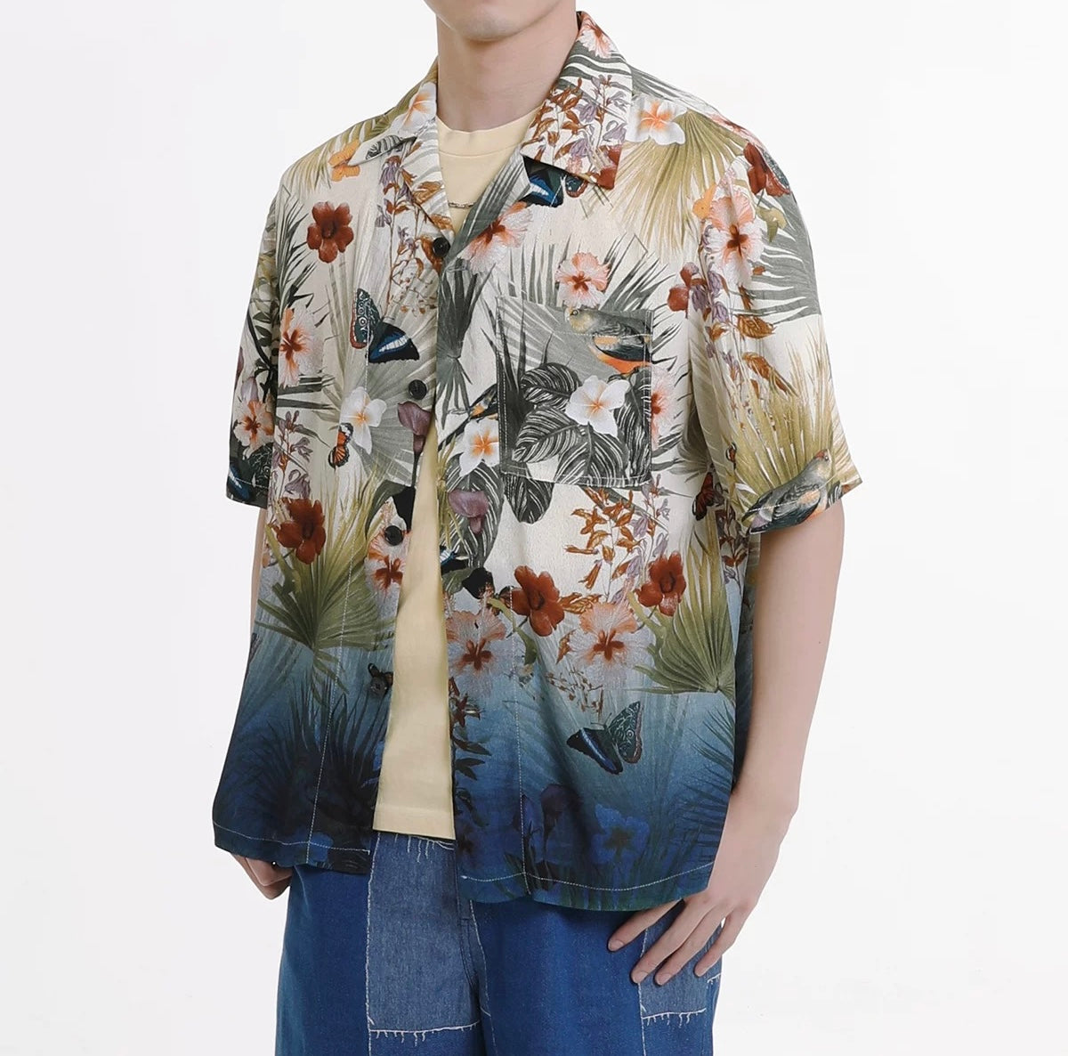 Indigo Dip Dye Faded Aloha Shirt