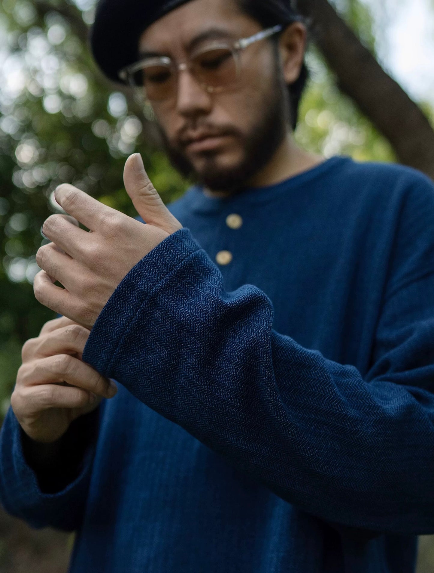 Indigo Dye Knit Henley Long Sleeve T-Shirt