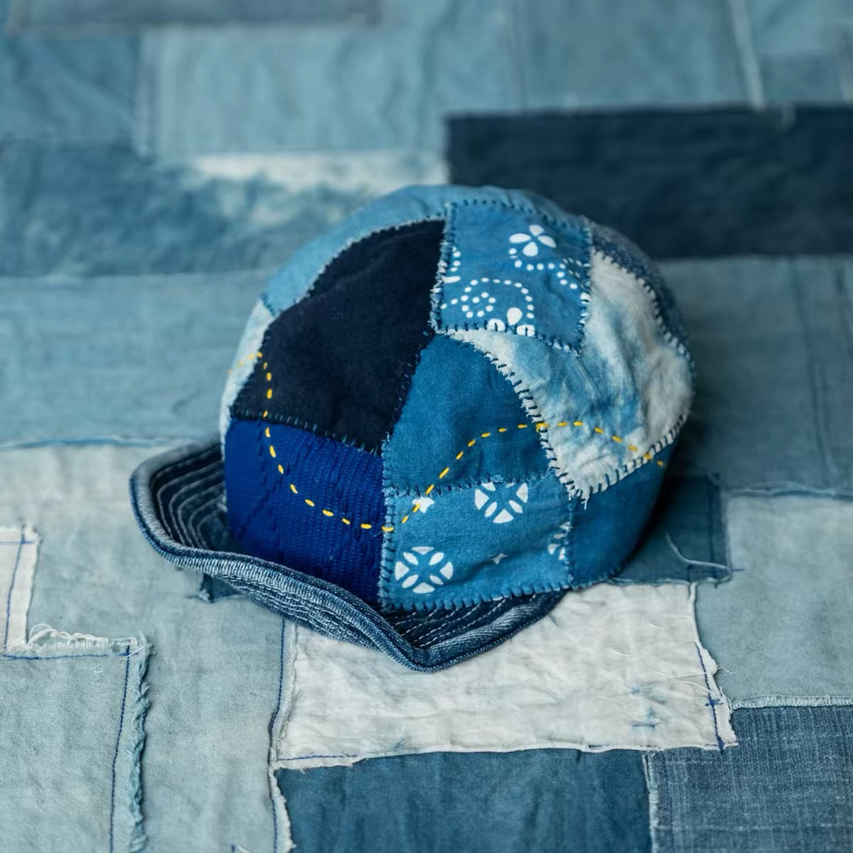 Indigo Dye Patchwork Short Brim Baseball Cap