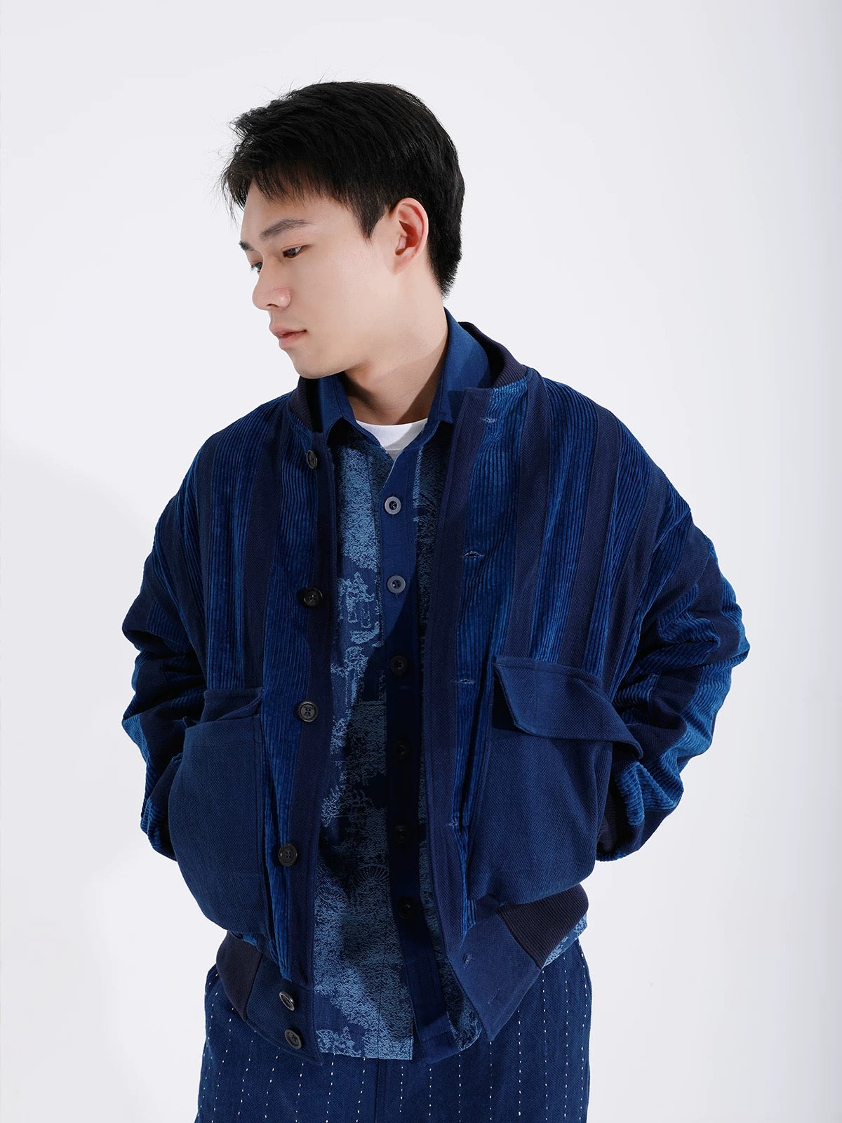 Indigo Dye Patchwork Corduroy Baseball Jacket