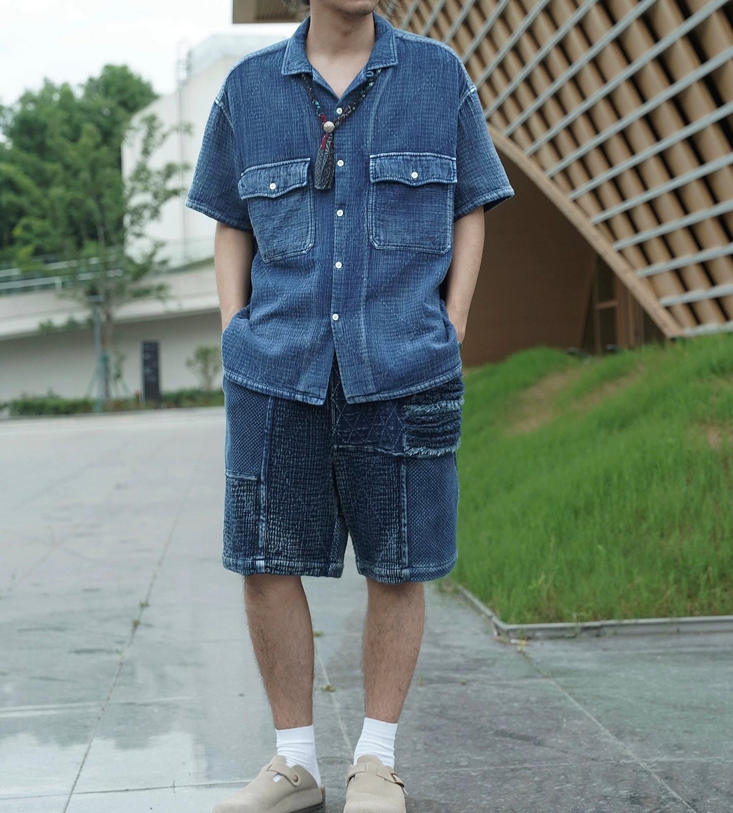 Indigo Dye Sashiko Retro Aloha Shirt