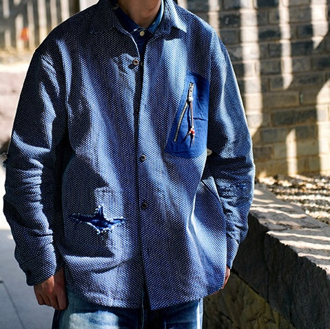 Indigo Dye Distressed Sashiko Worker Shirt