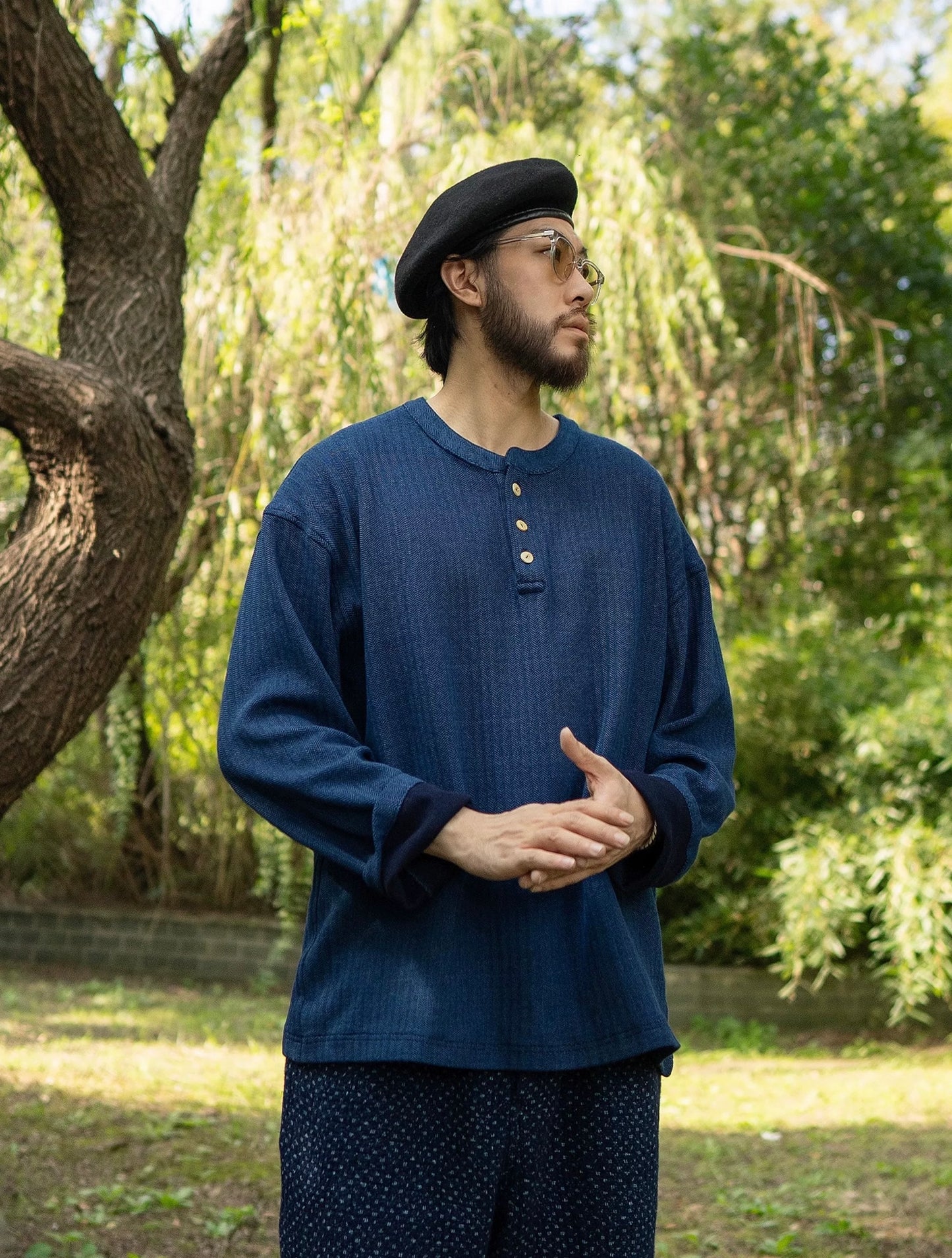 Indigo Dye Knit Henley Long Sleeve T-Shirt