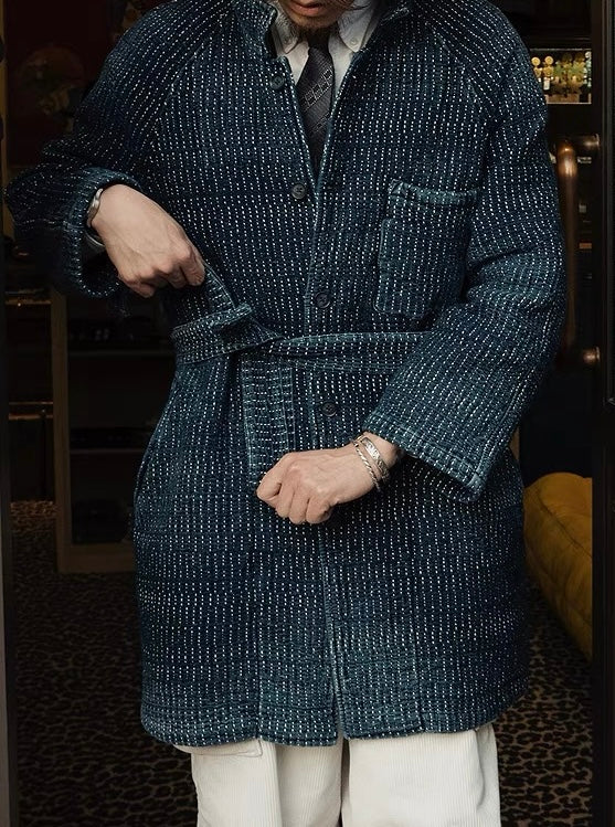 Dark Indigo Dye Sashiko Mid Long Coat