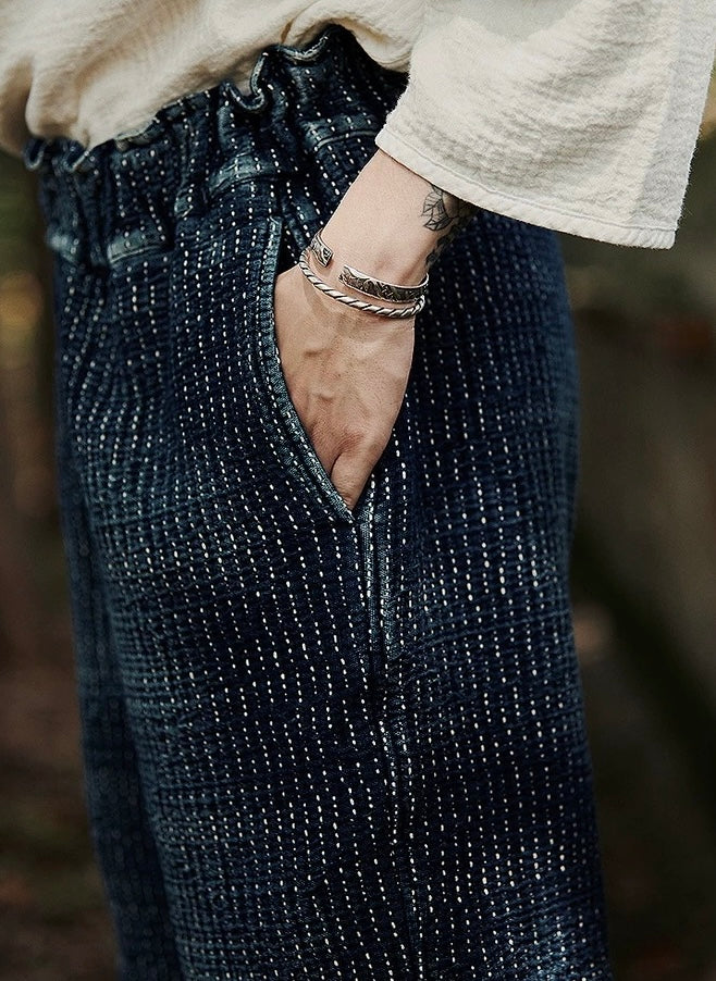 Indigo Dye Sashiko Elastic Waist Shorts