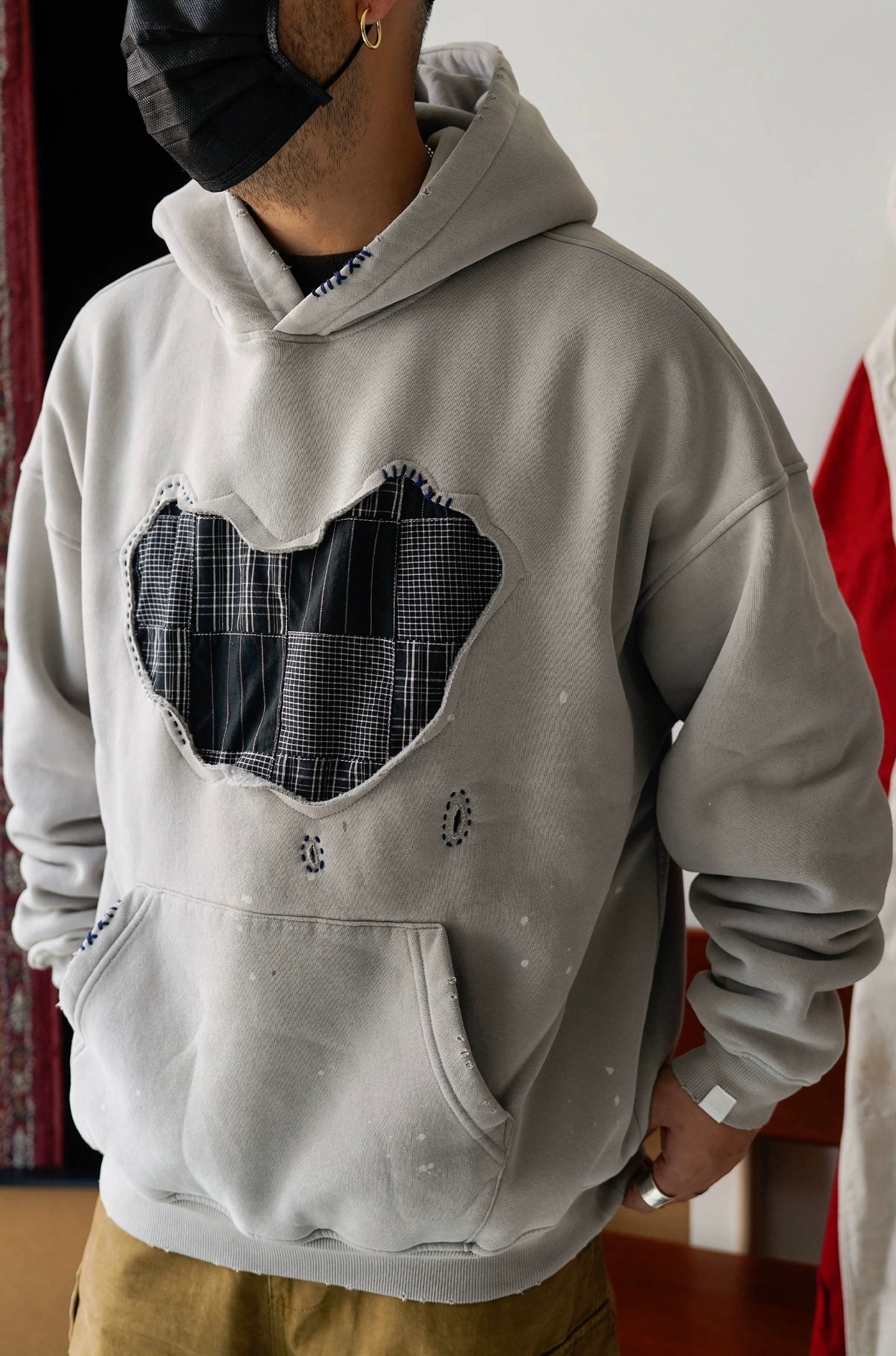 Grey Sashiko Map Patchwork Hoodie