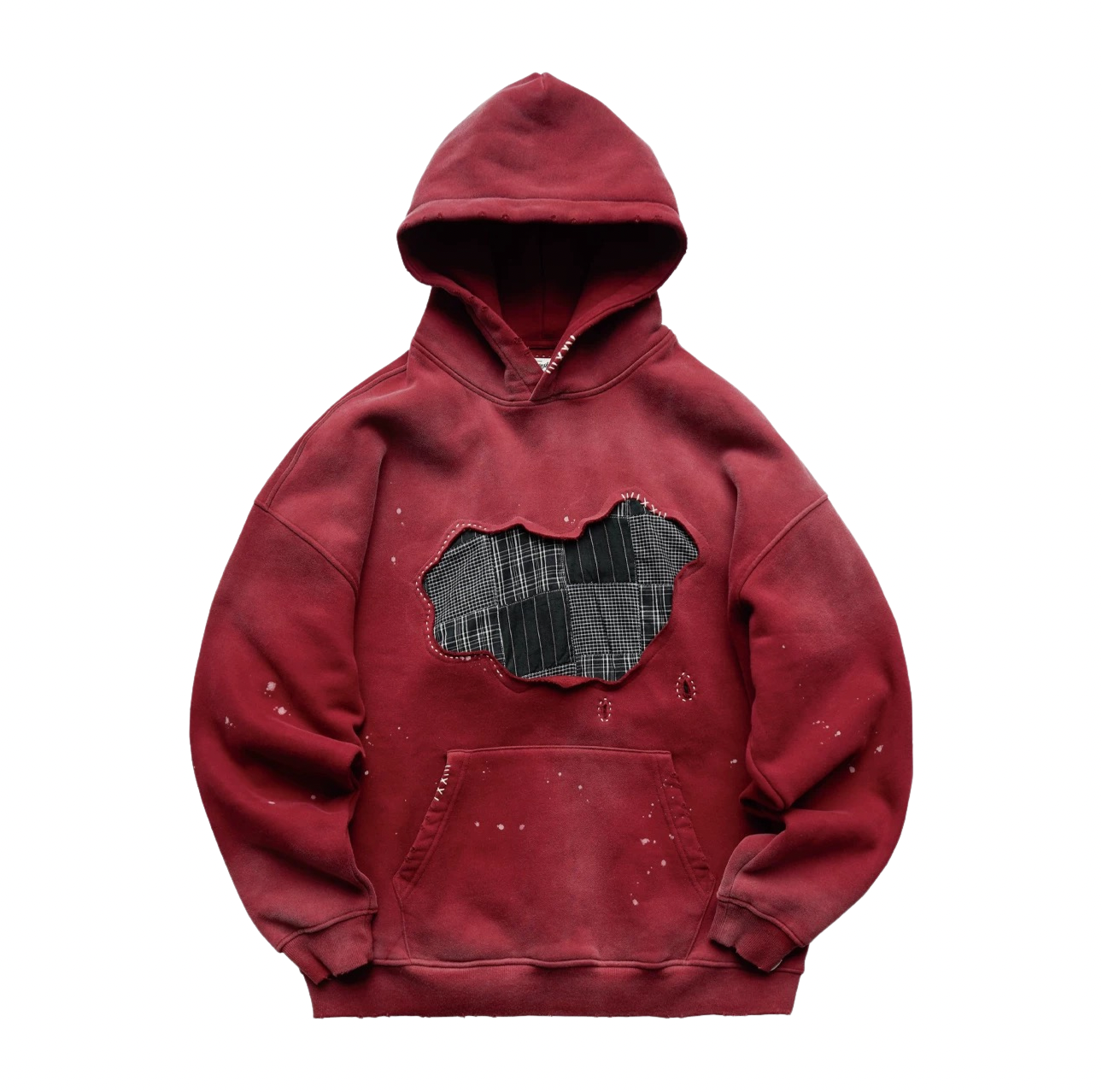 Red Sashiko Map Patchwork Hoodie