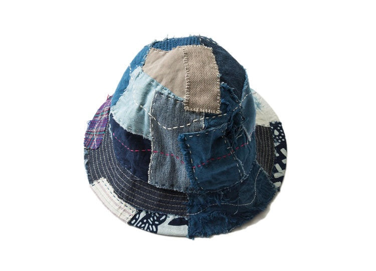 Indigo Dye Sashiko Patchwork Bucket Hat