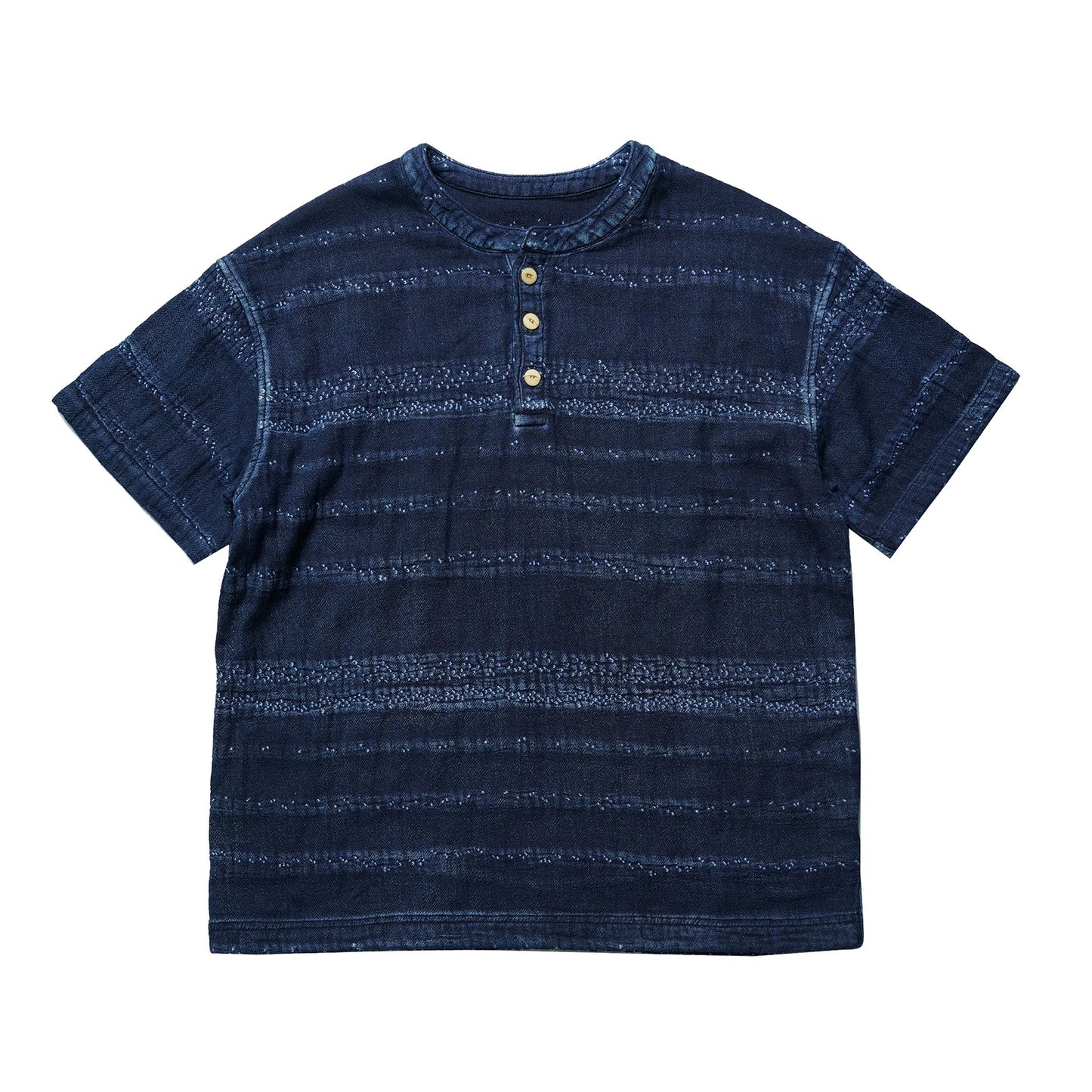 Indigo Dye Sashiko Deep-Sea Henley Tee