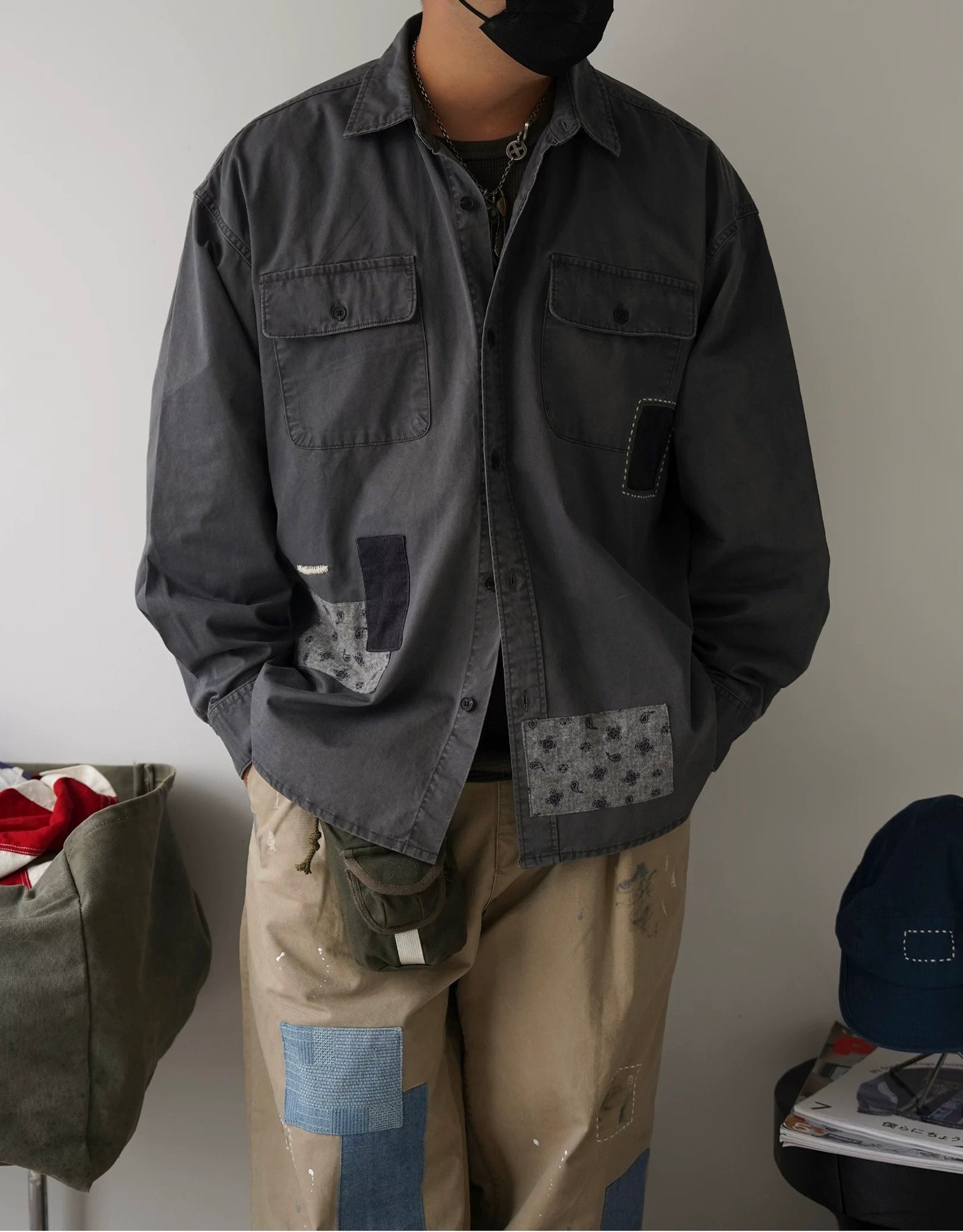 Washed Sashiko Patchwork Long Shirt