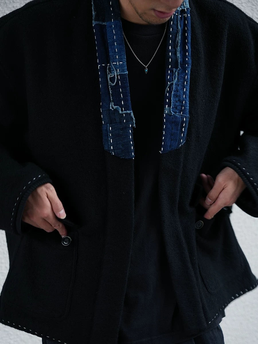 Indigo Dye Sashiko Patchwork Woolen Haori Jacket
