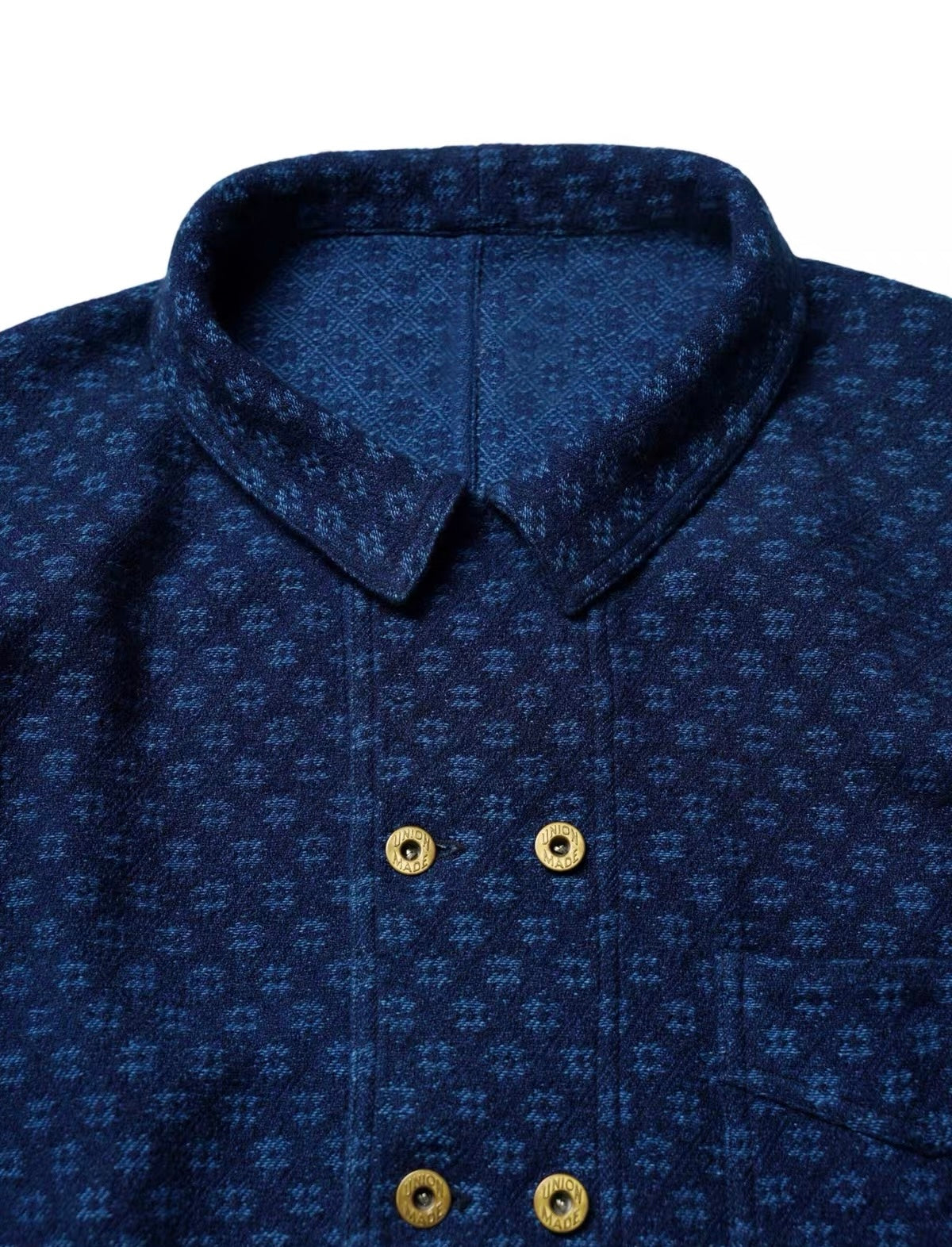Indigo Dye Octagonal Jacquard Double-Breasted Work Jacket