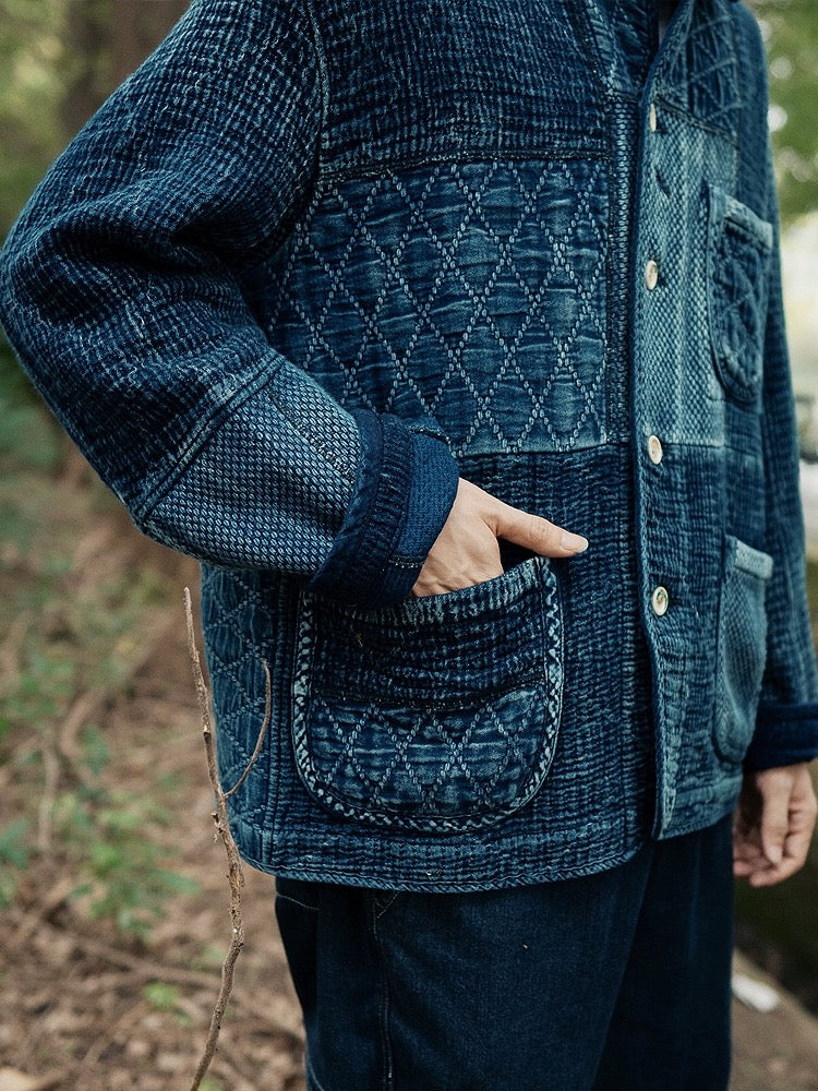 Indigo Dye Patchwork Sashiko Kendo Coat - Dark Blue