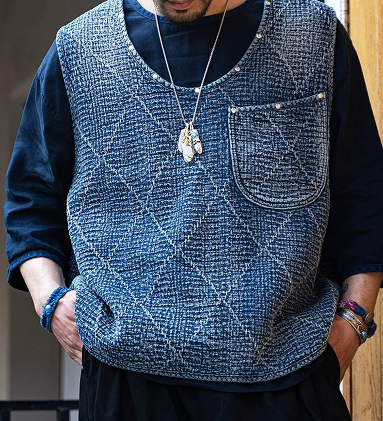 Indigo Dye Sashiko Retro Vest