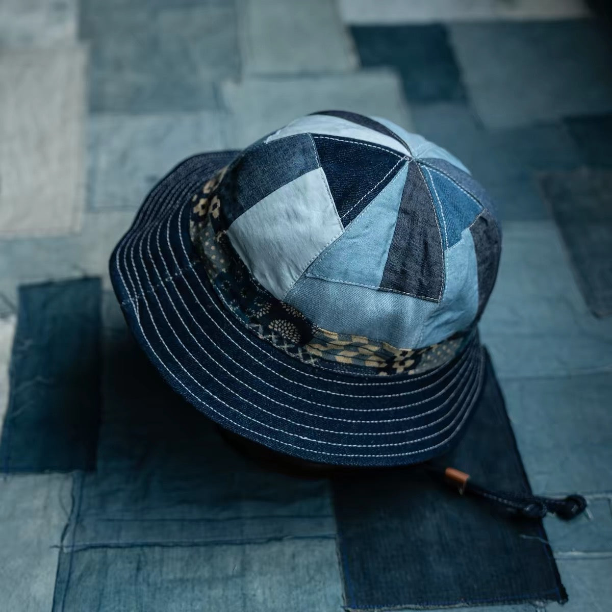Indigo Dye Boro Patchwork Bucket Hat