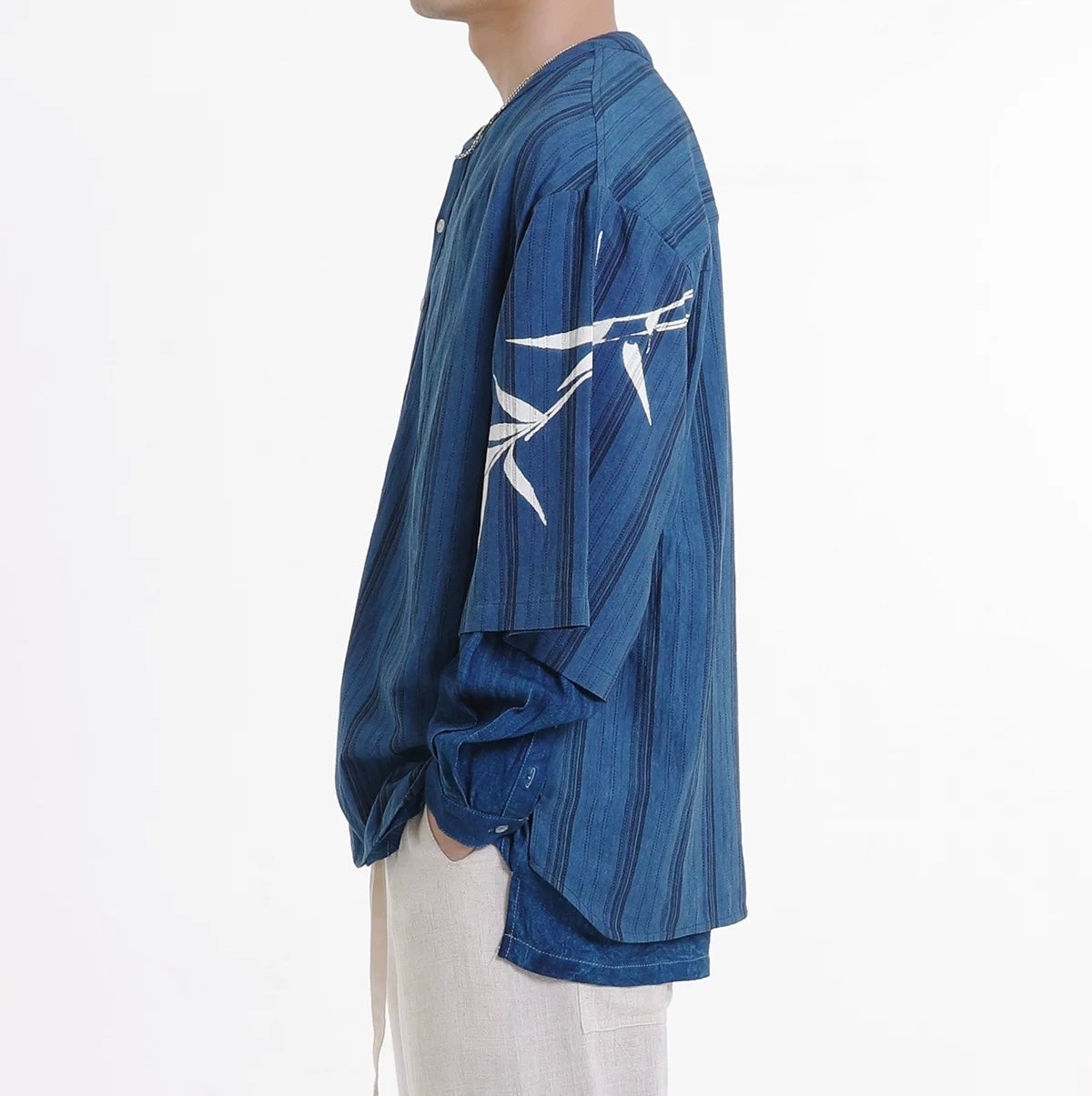 Indigo Discharge Dye Collarless Shirt