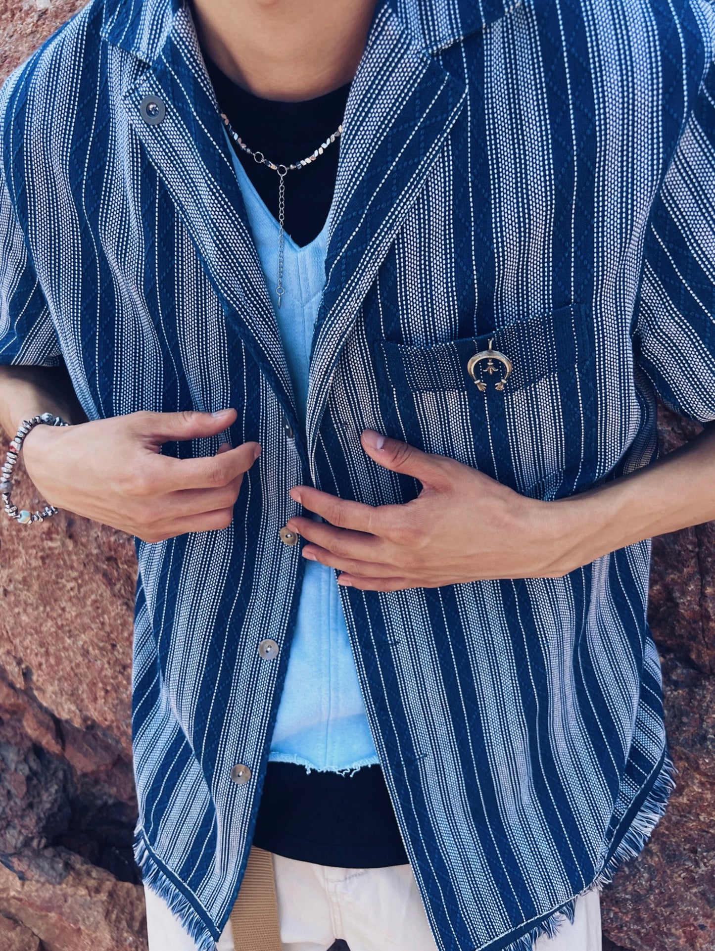 Indigo Dye Sashiko Striped Aloha Shirt