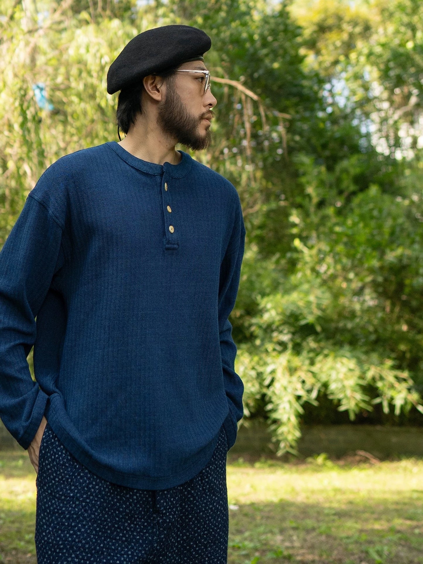 Indigo Dye Knit Henley Long Sleeve T-Shirt