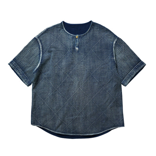 Indigo Dye Sashiko Horizon Henley Tee