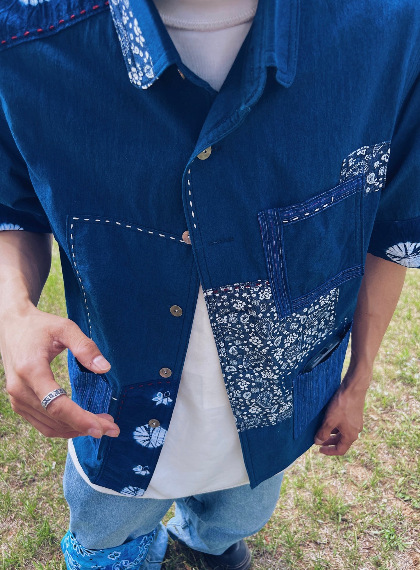 Indigo Dye Kofu Patchwork Aloha Shirt