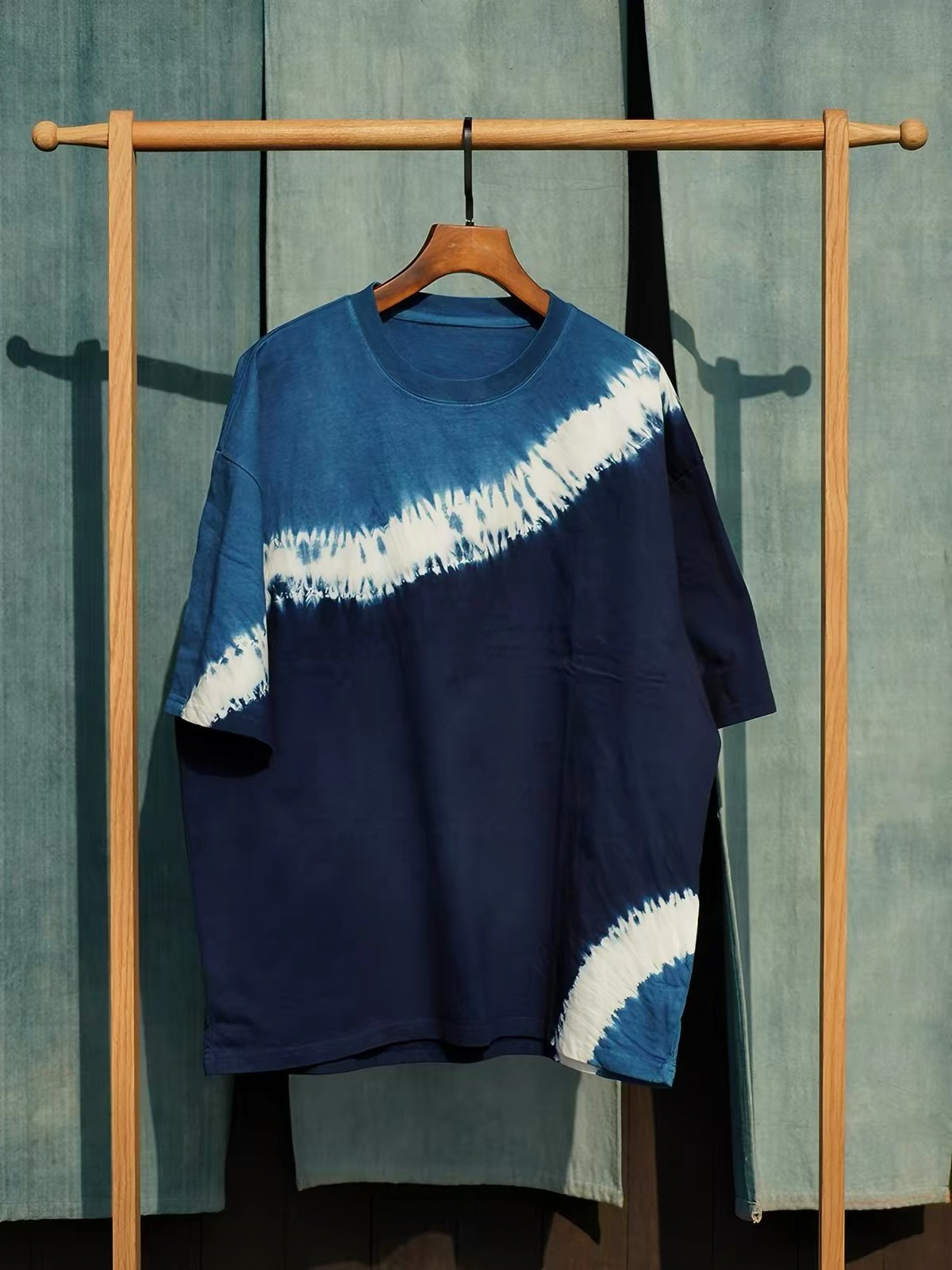 Indigo Shibori Wave Diagonal Tie Dye Tee