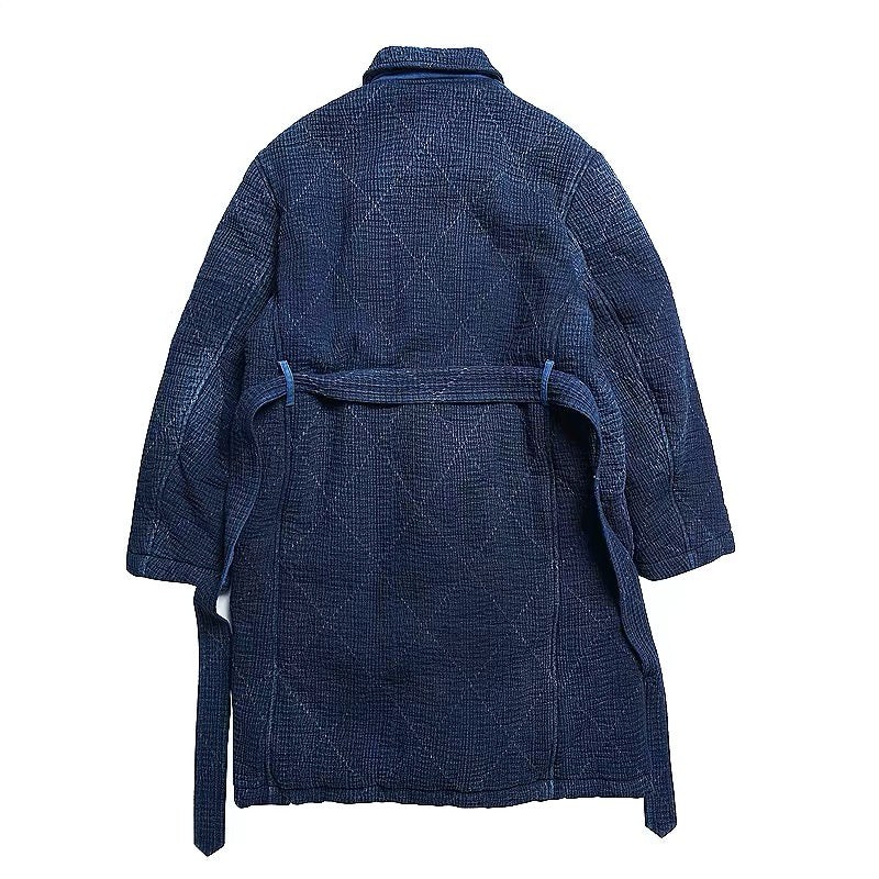 Indigo Dye Patchwork Sashiko Long Padded Coat