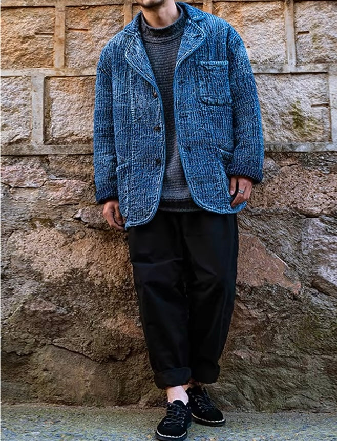 Indigo Dye Sashiko Blazer Casual Jacket - Mid Blue