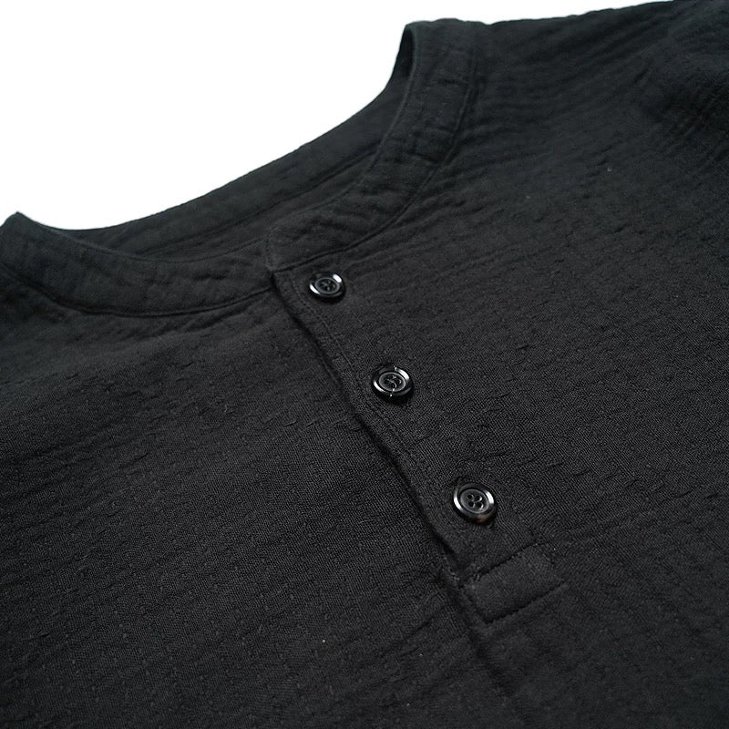 Black Sashiko Henley Long Sleeve T-Shirt